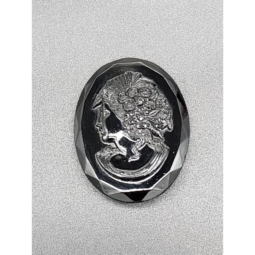 Vintage Black Amethyst Glass Cameo Brooch, Czech Glass, Marked, Great Condition